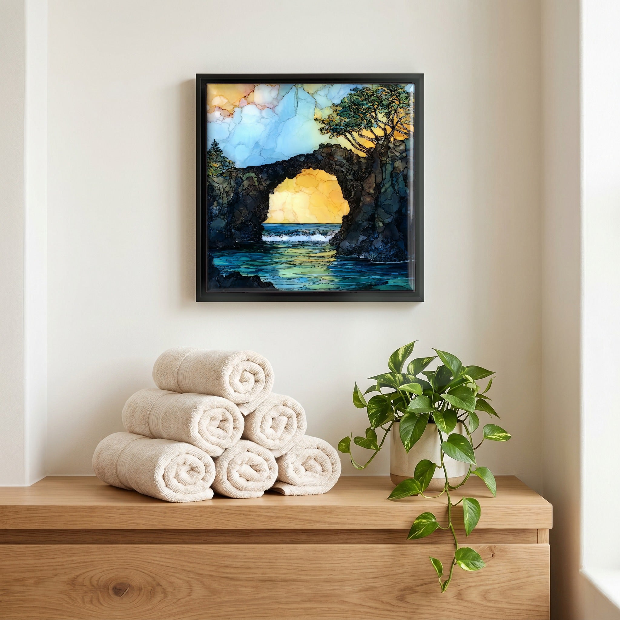Above the linens, in a slim black surround.