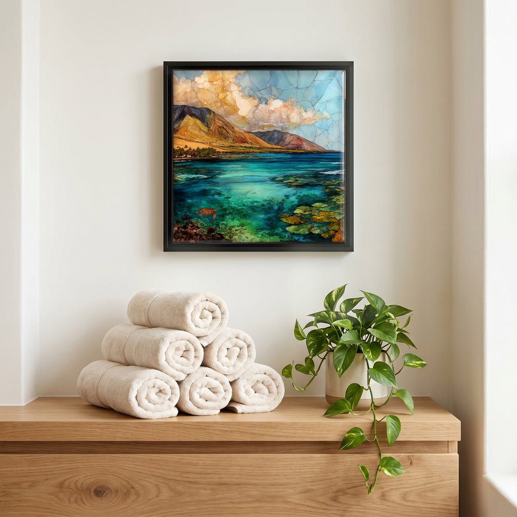 Above the linens, in a slim black surround.