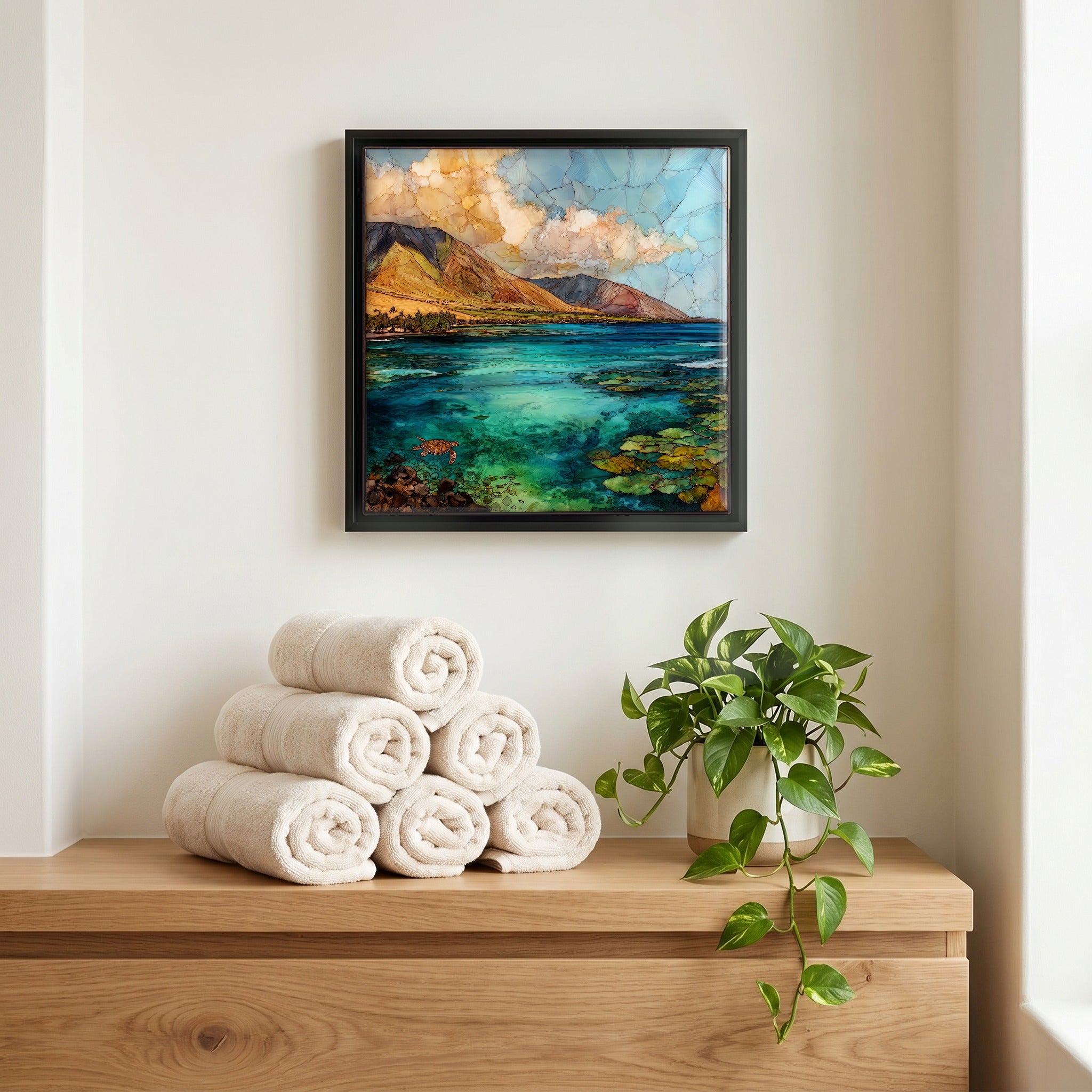 Above the linens, in a slim black surround.
