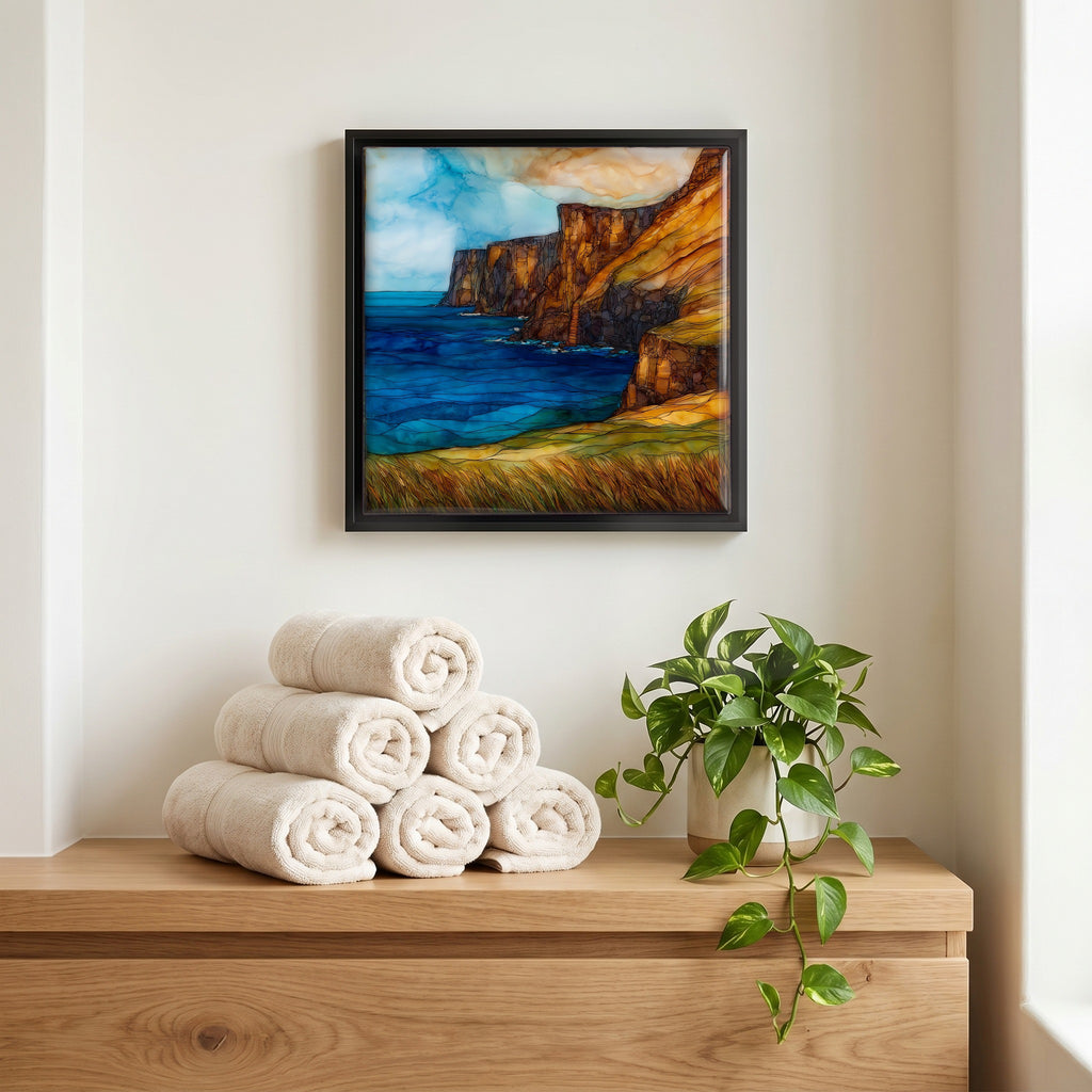 Above the linens, in a slim black surround.