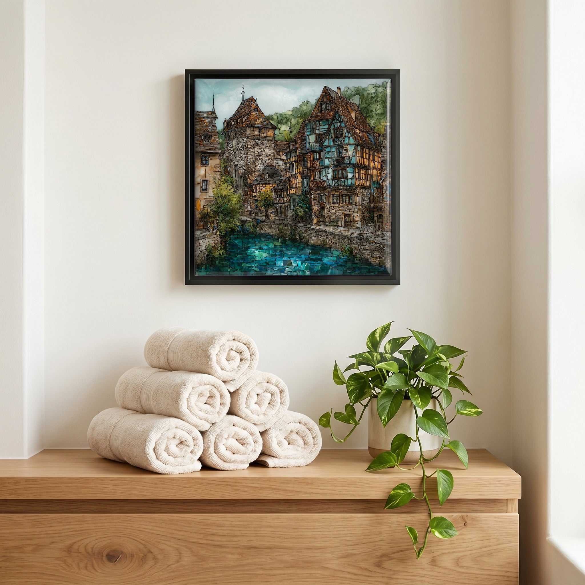 Above the linens, in a slim black surround.
