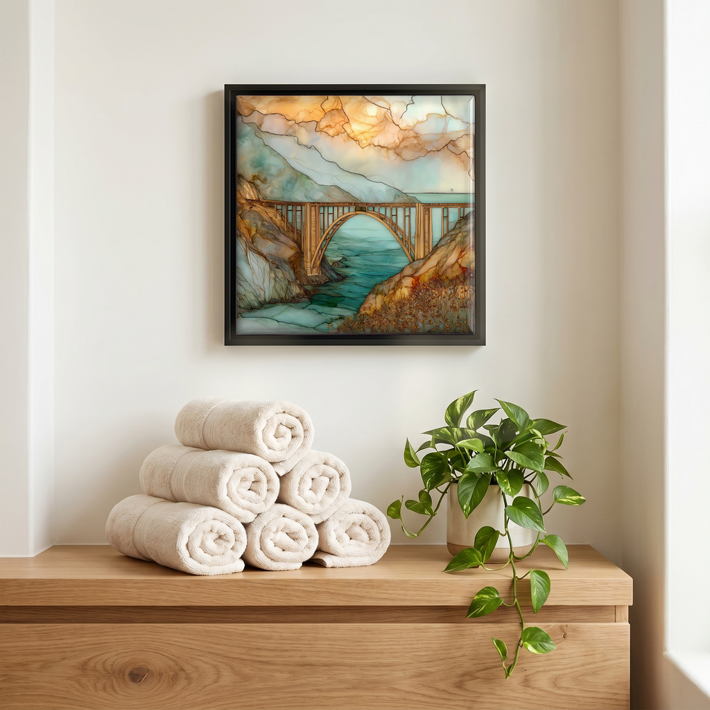 Above the linens, in a slim black surround.