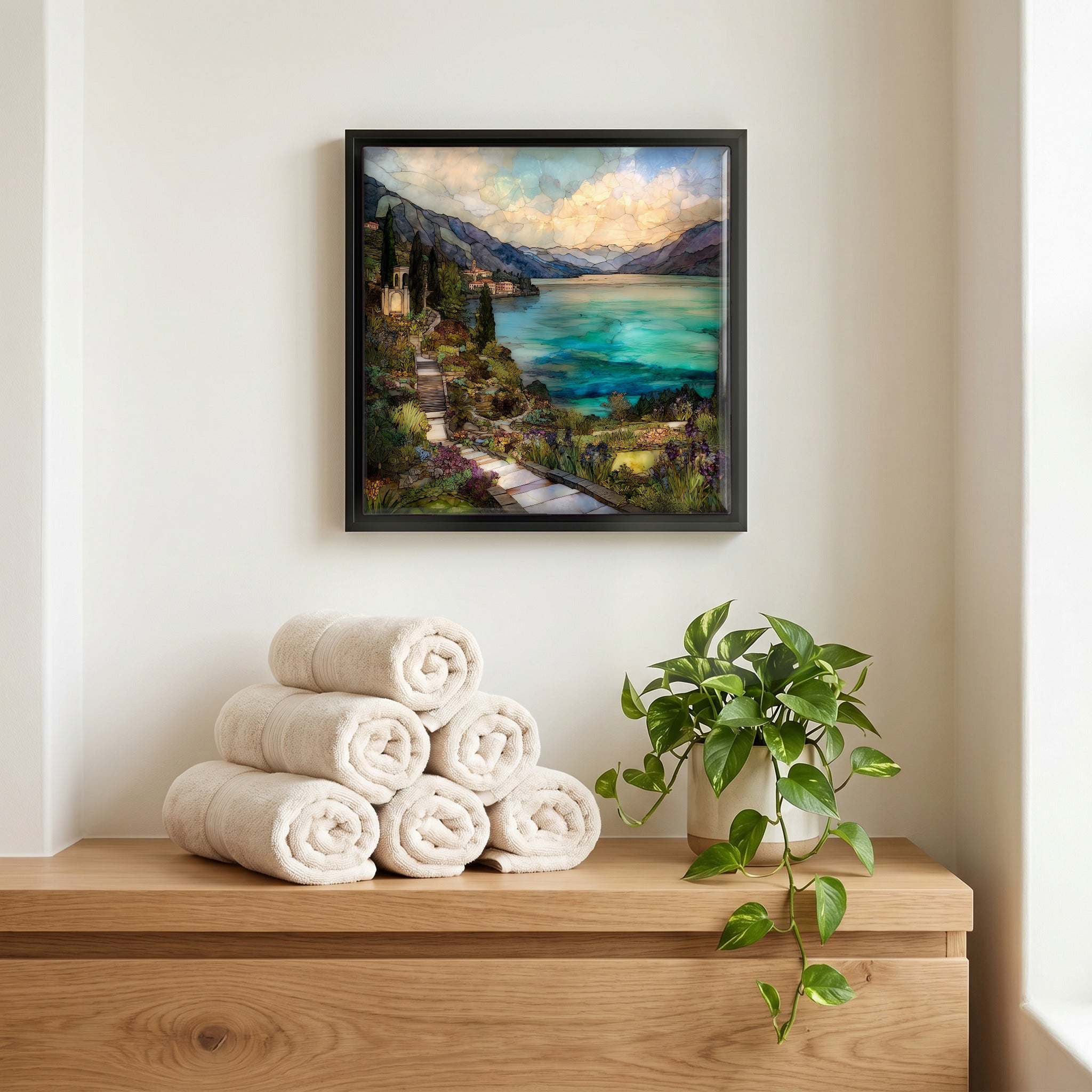 Above the linens, in a slim black surround.