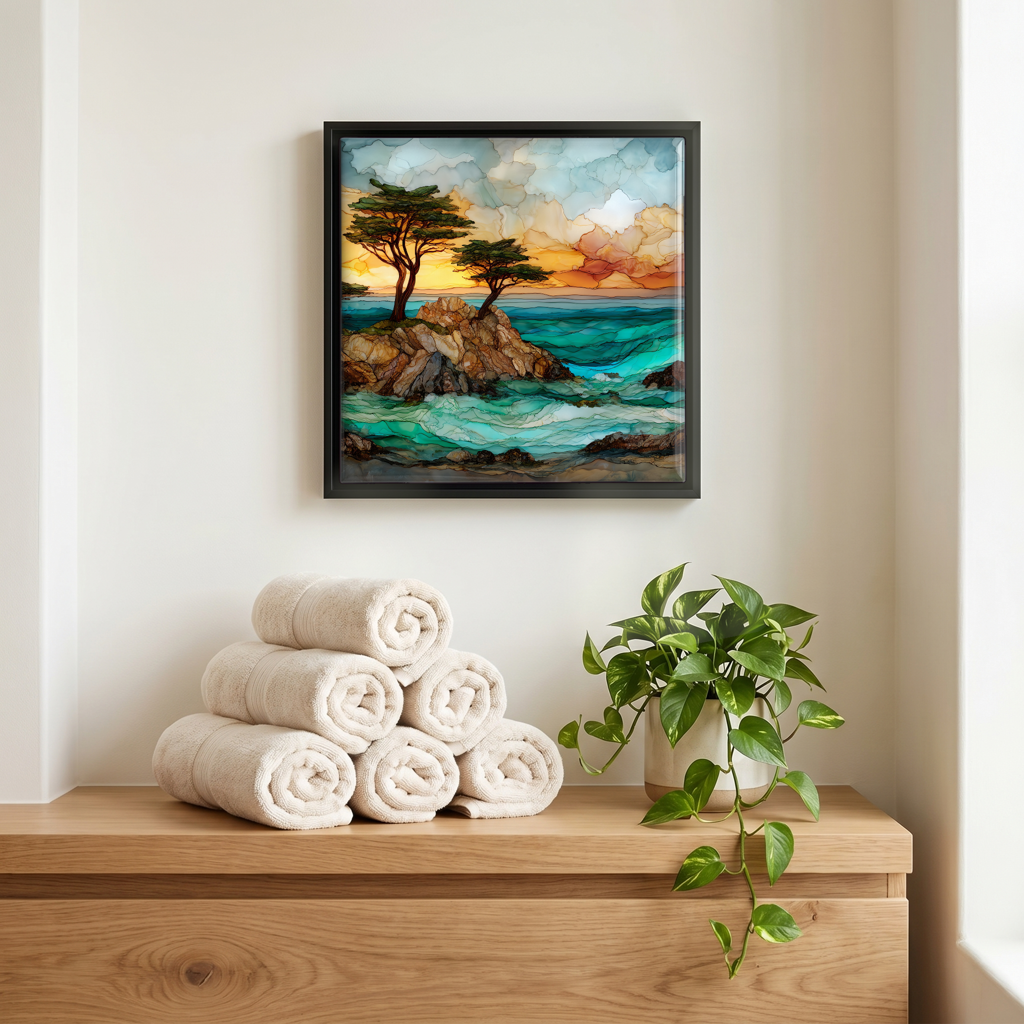 Above the linens, in a slim black surround.