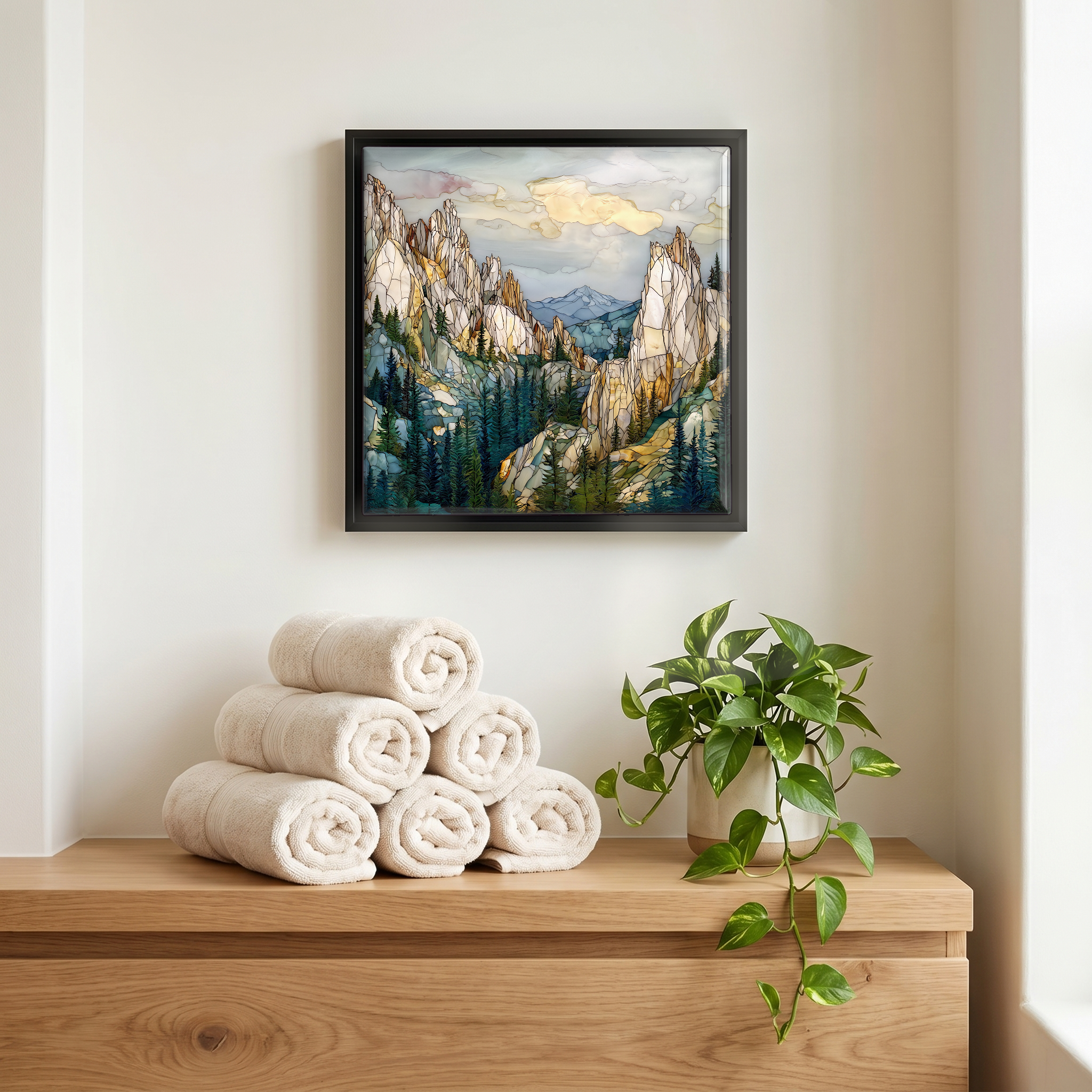 Above the linens, in a slim black surround.
