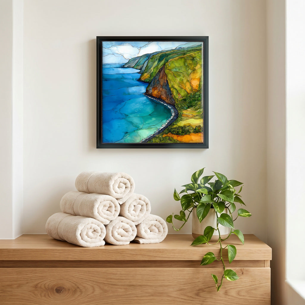 Above the linens, in a slim black surround.