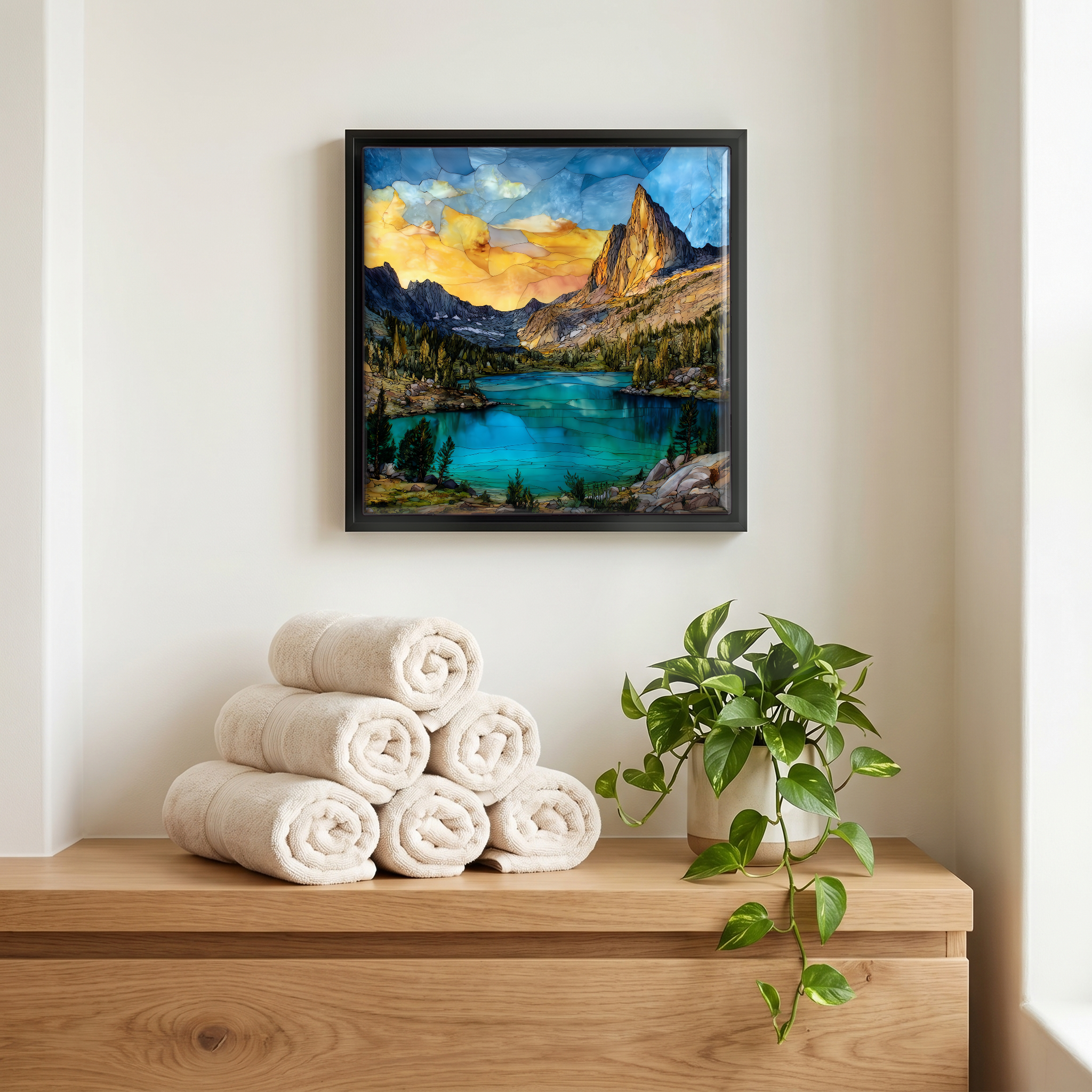 Above the linens, in a slim black surround.