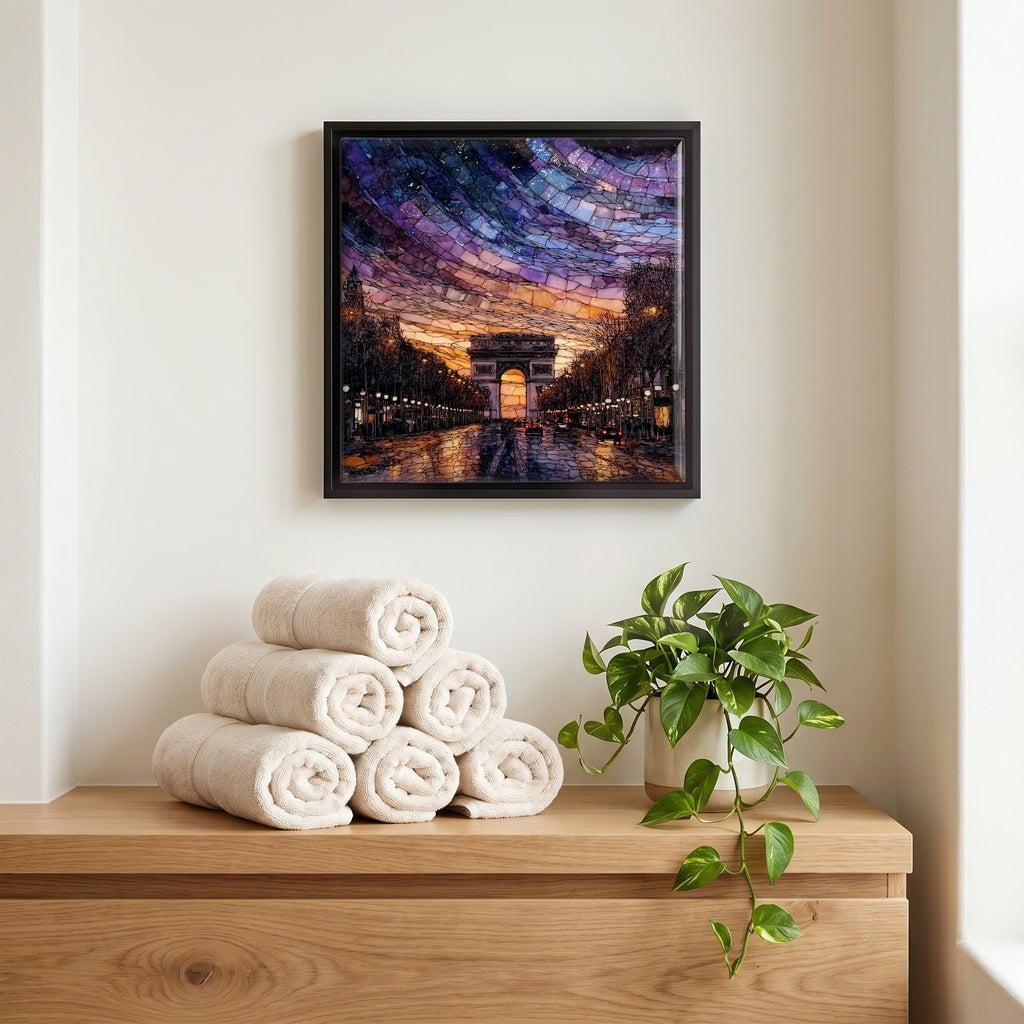 Above the linens, in a slim black surround.