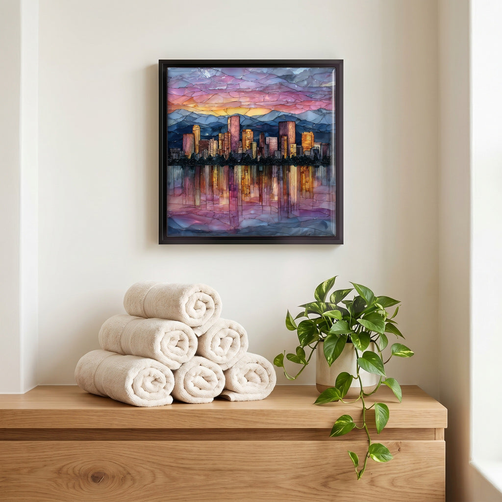 Above the linens, in a slim black surround.