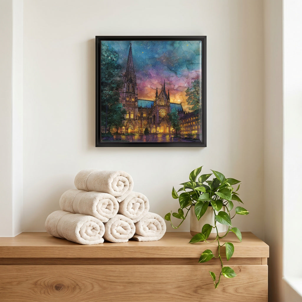 Above the linens, in a slim black surround.