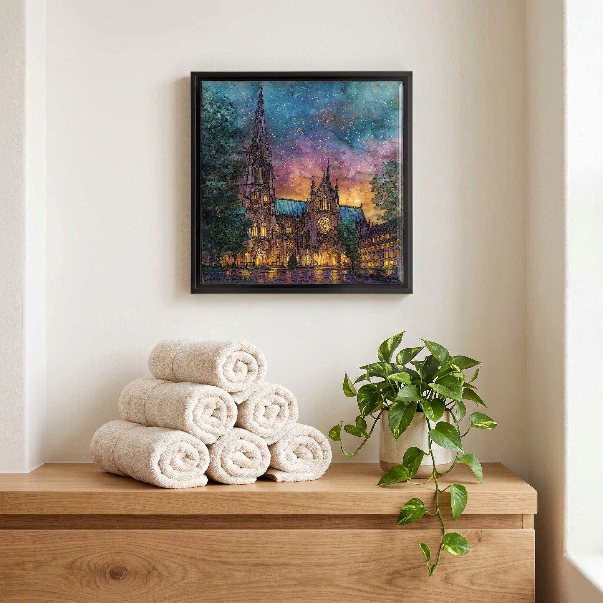 Above the linens, in a slim black surround.