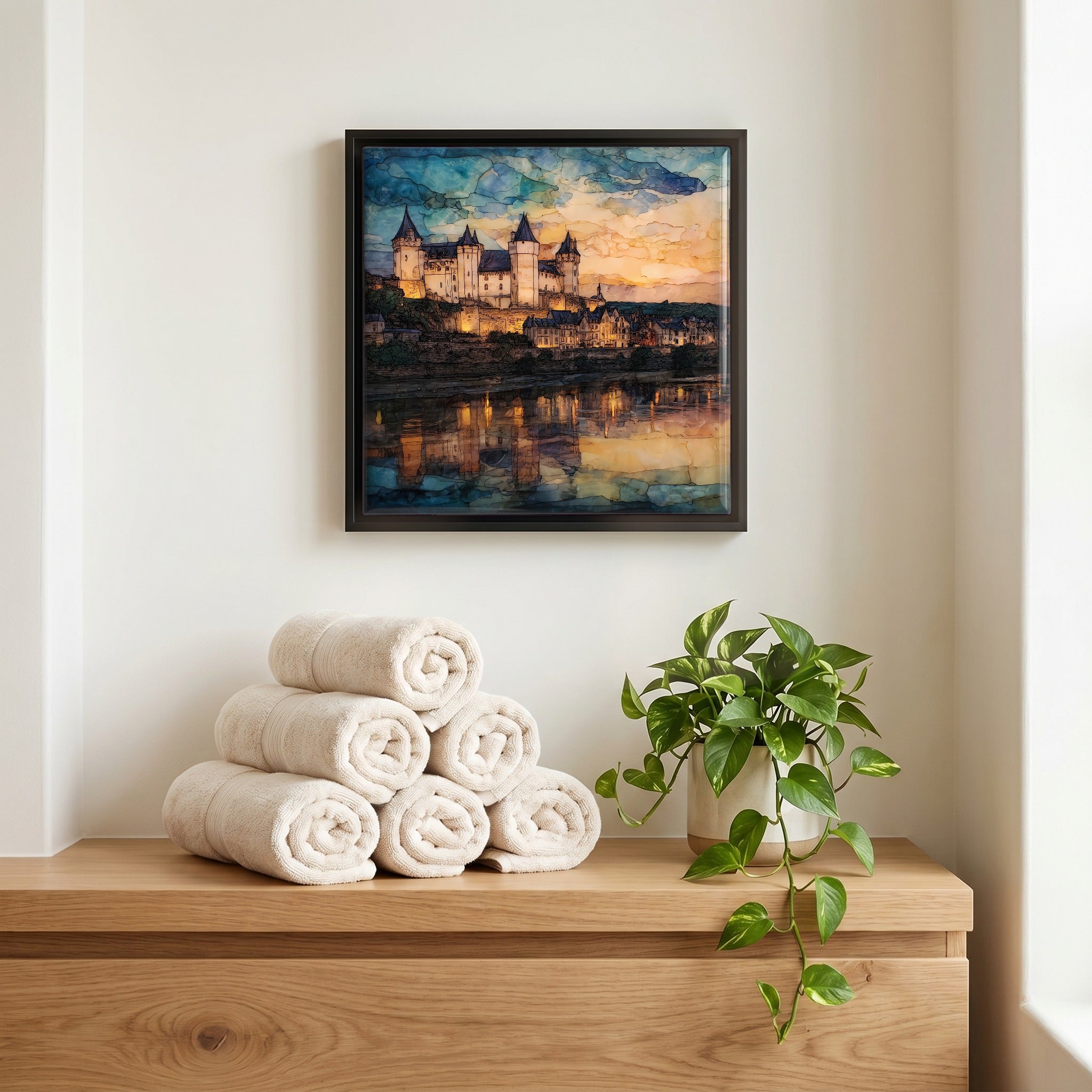 Above the linens, in a slim black surround.