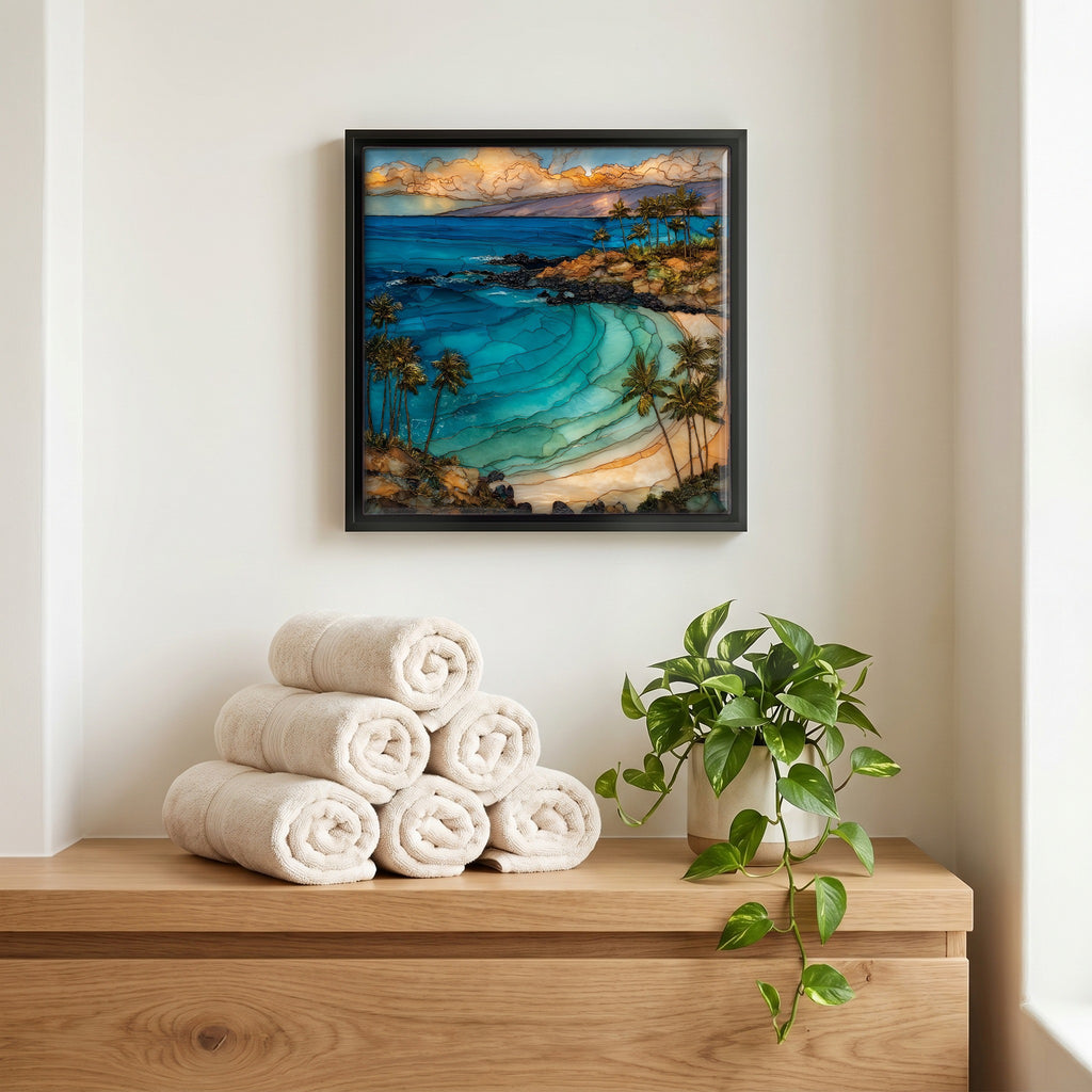 Above the linens, in a slim black surround.