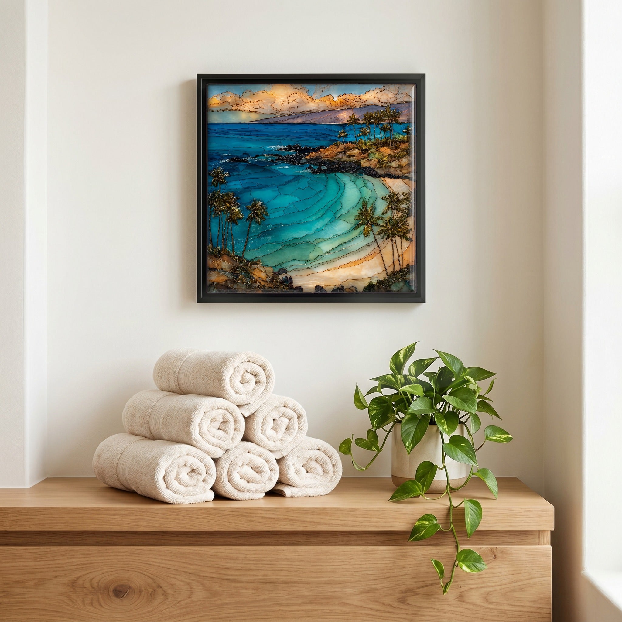 Above the linens, in a slim black surround.