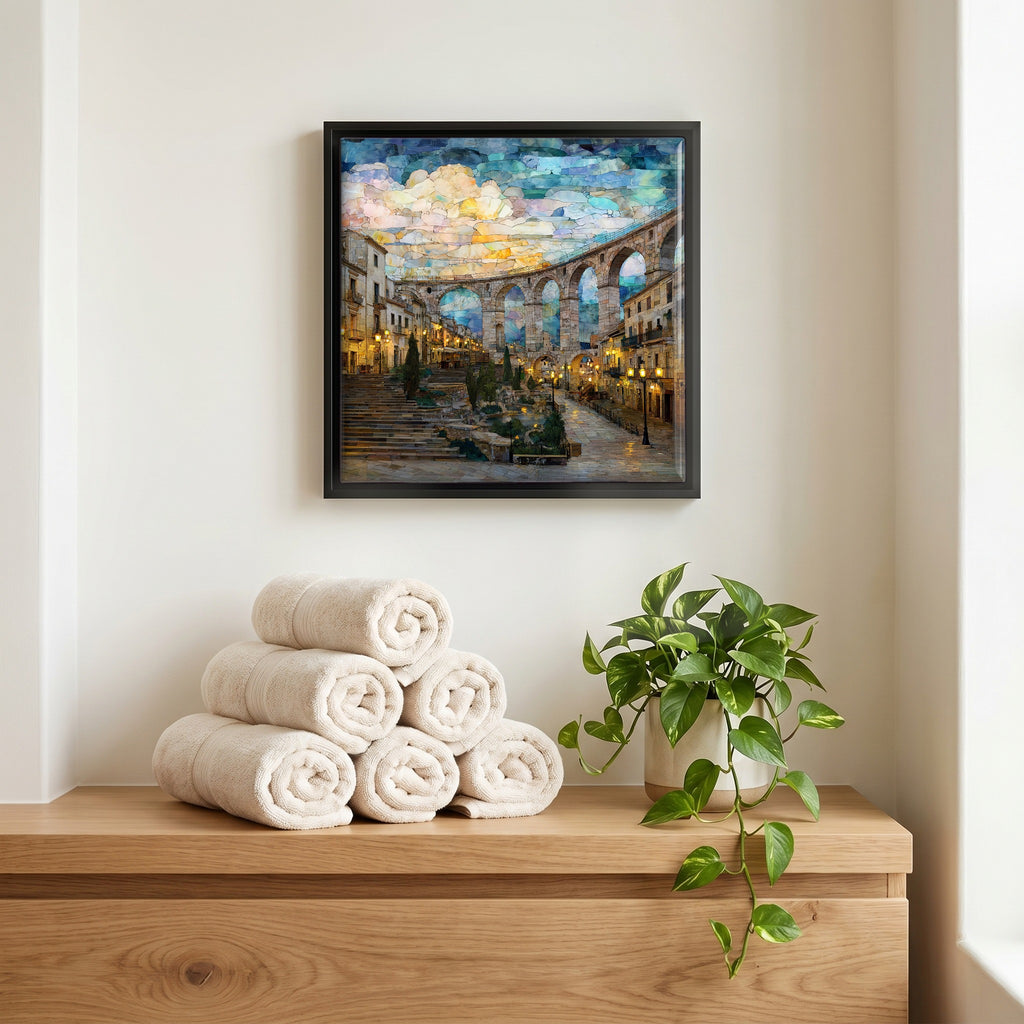 Above the linens, in a slim black surround.
