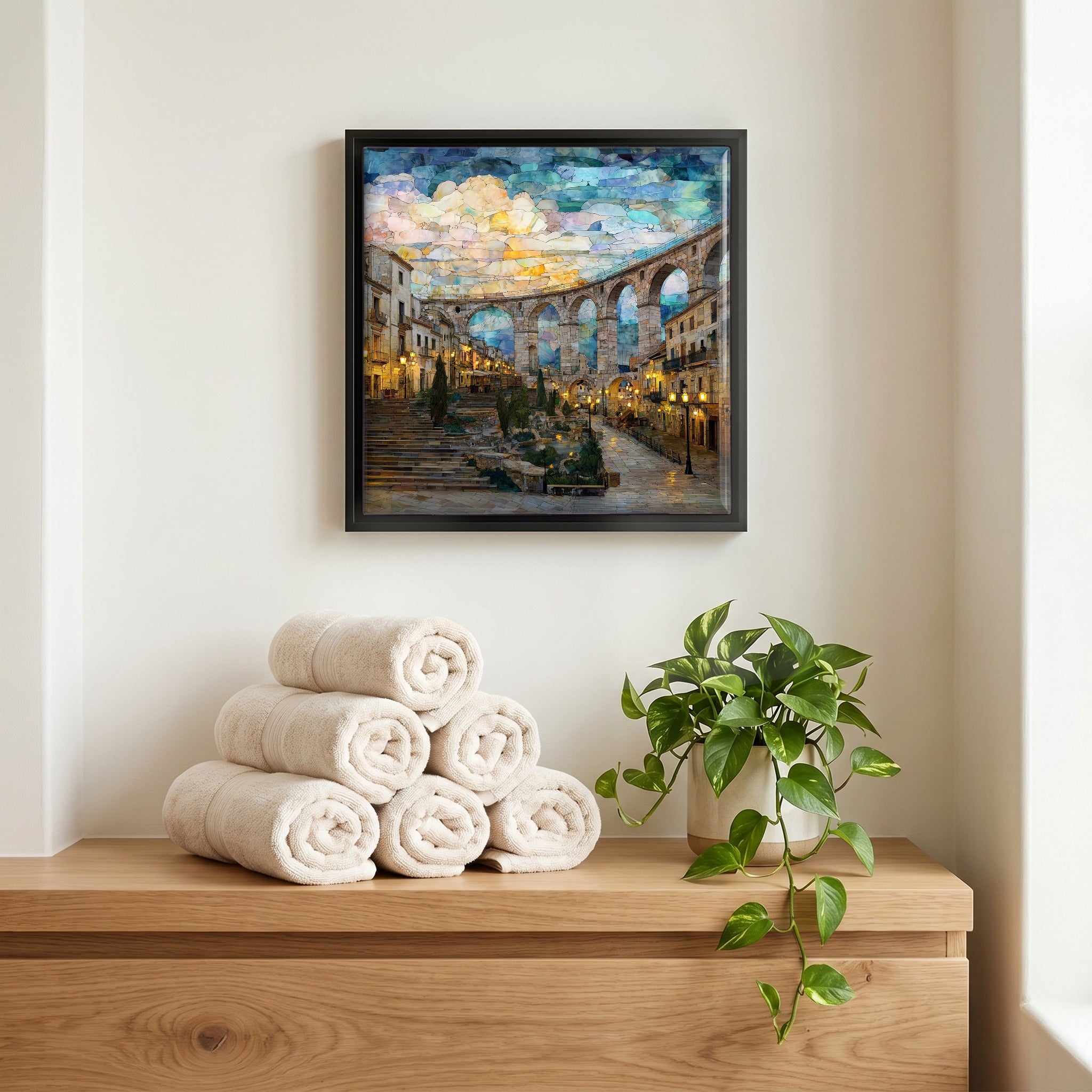 Above the linens, in a slim black surround.