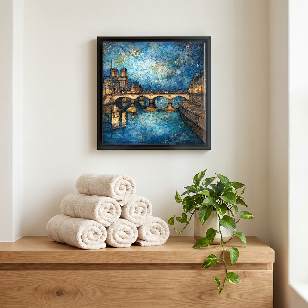 Above the linens, in a slim black surround.