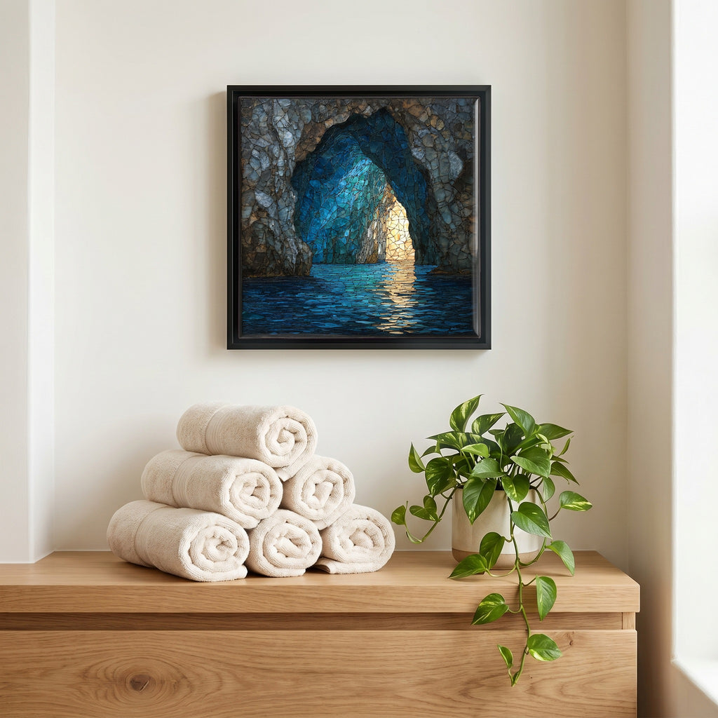 Above the linens, in a slim black surround.