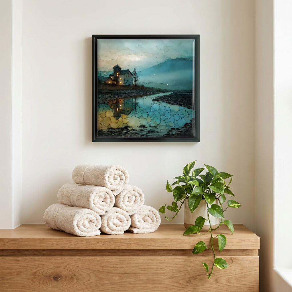 Above the linens, in a slim black surround.