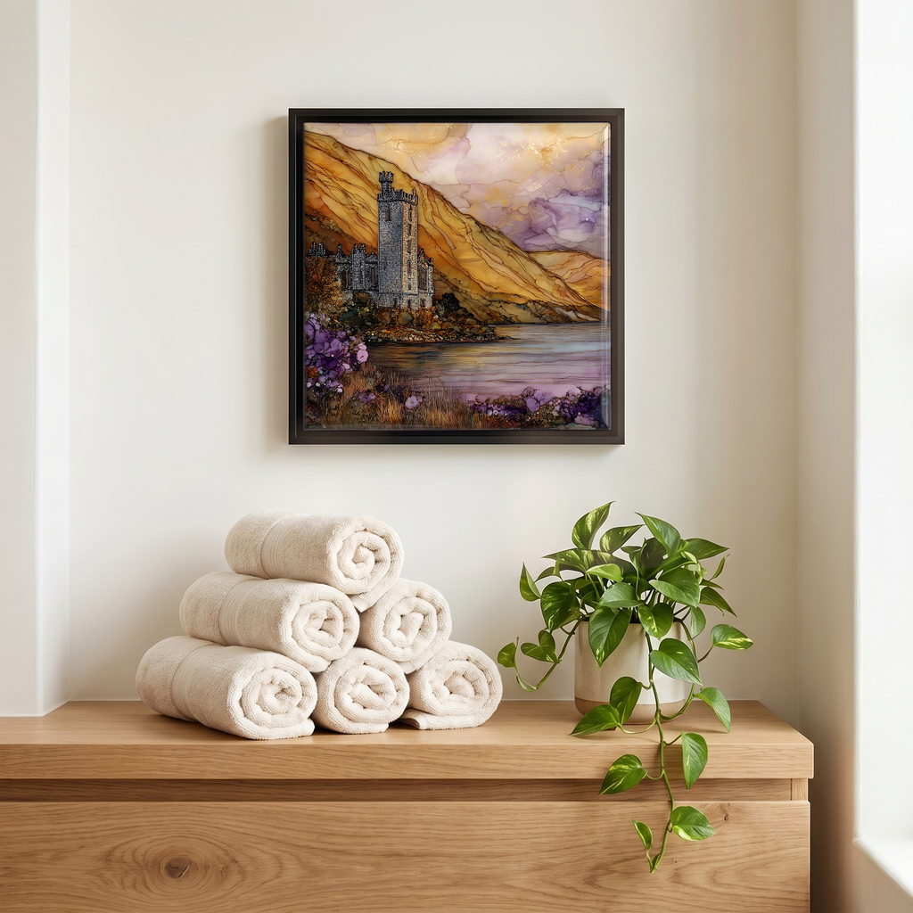 Above the linens, in a slim black surround.