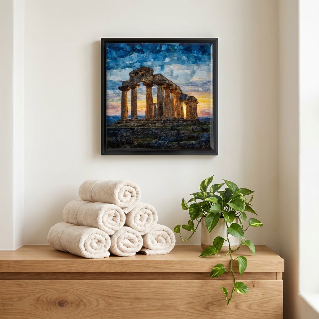 Above the linens, in a slim black surround.