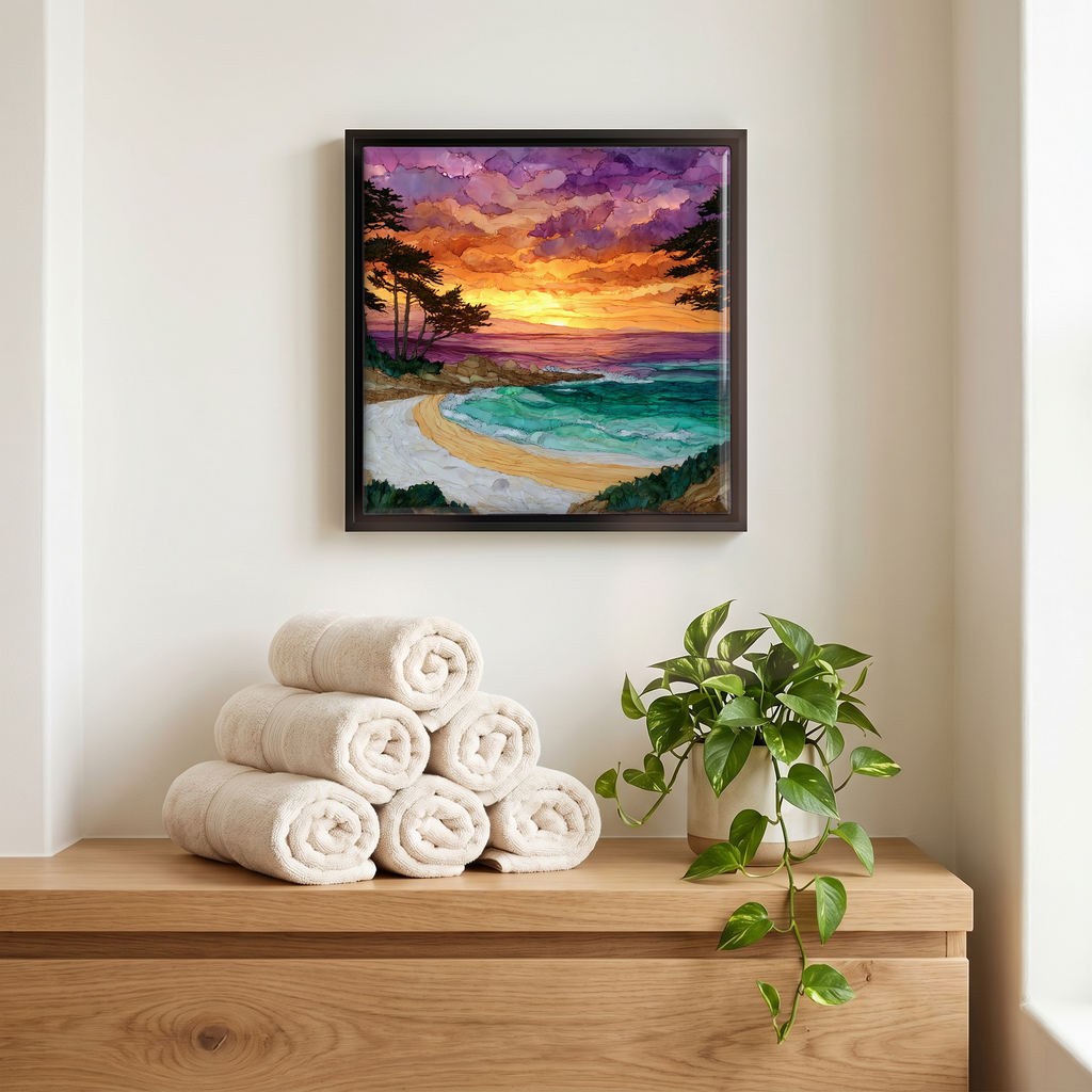 Above the linens, in a slim black surround.