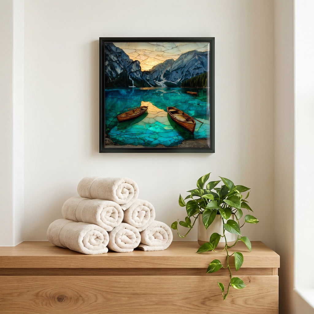 Above the linens, in a slim black surround.