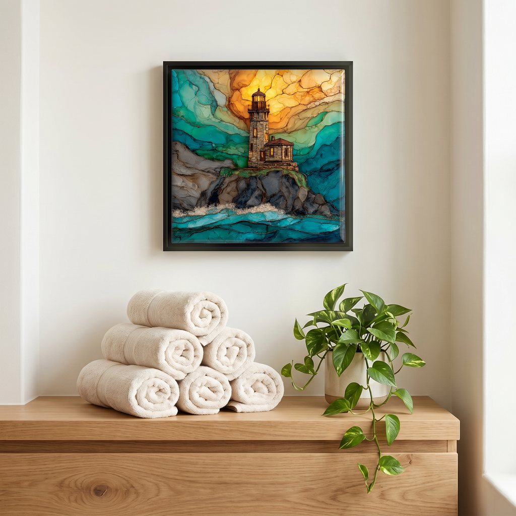 Above the linens, in a slim black surround.