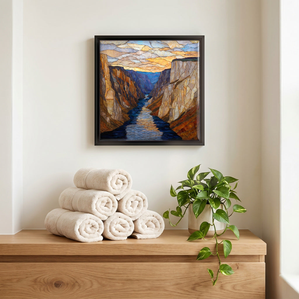 Above the linens, in a slim black surround.