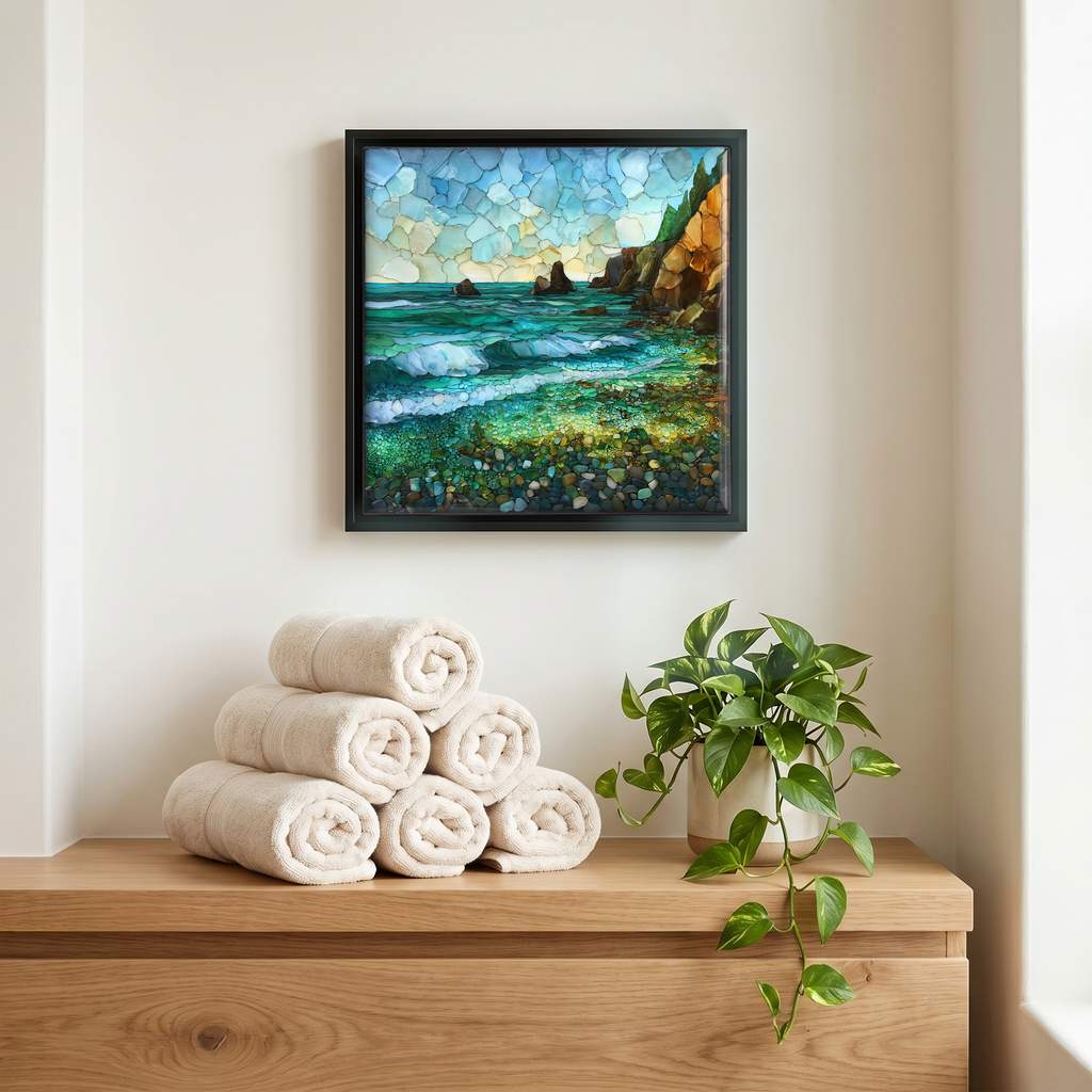 Above the linens, in a slim black surround.