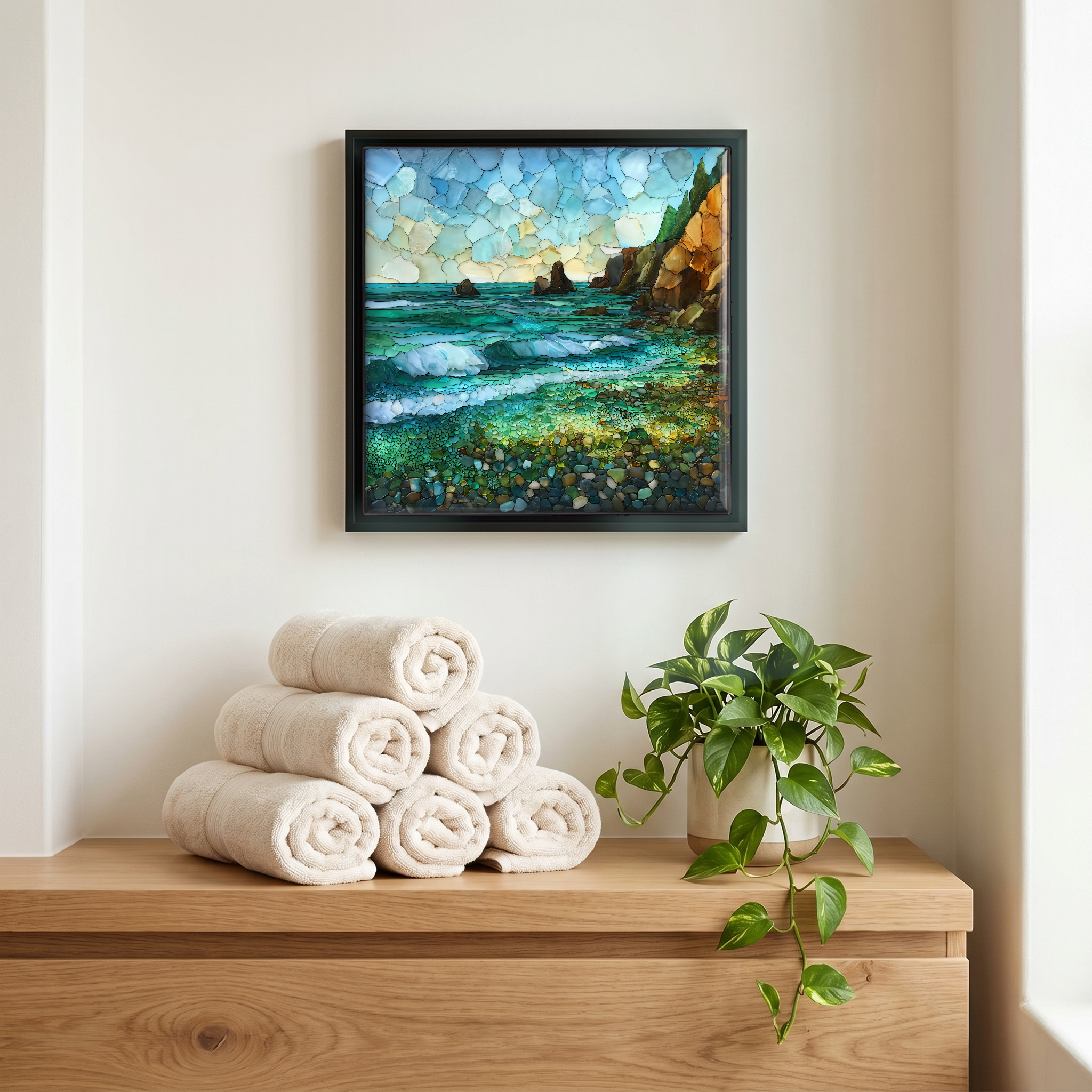 Above the linens, in a slim black surround.