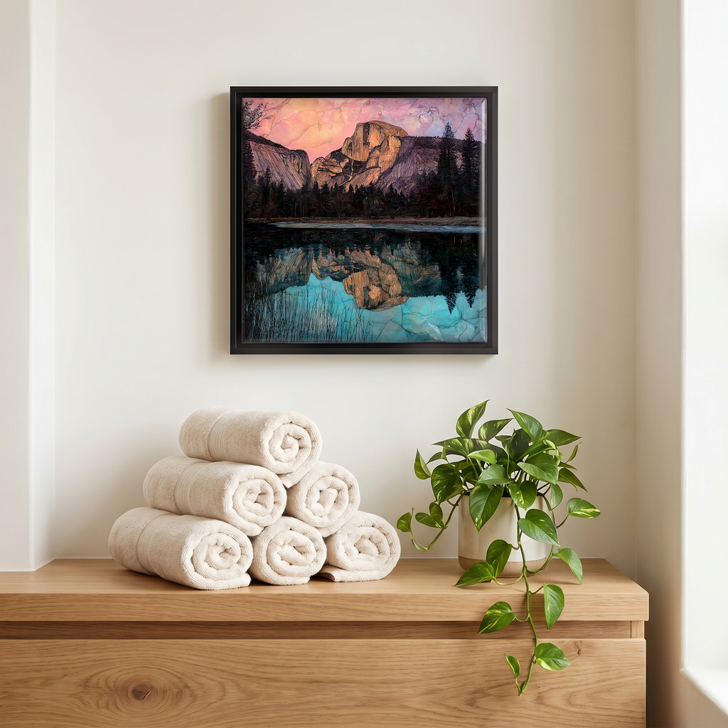 Above the linens, in a slim black surround.