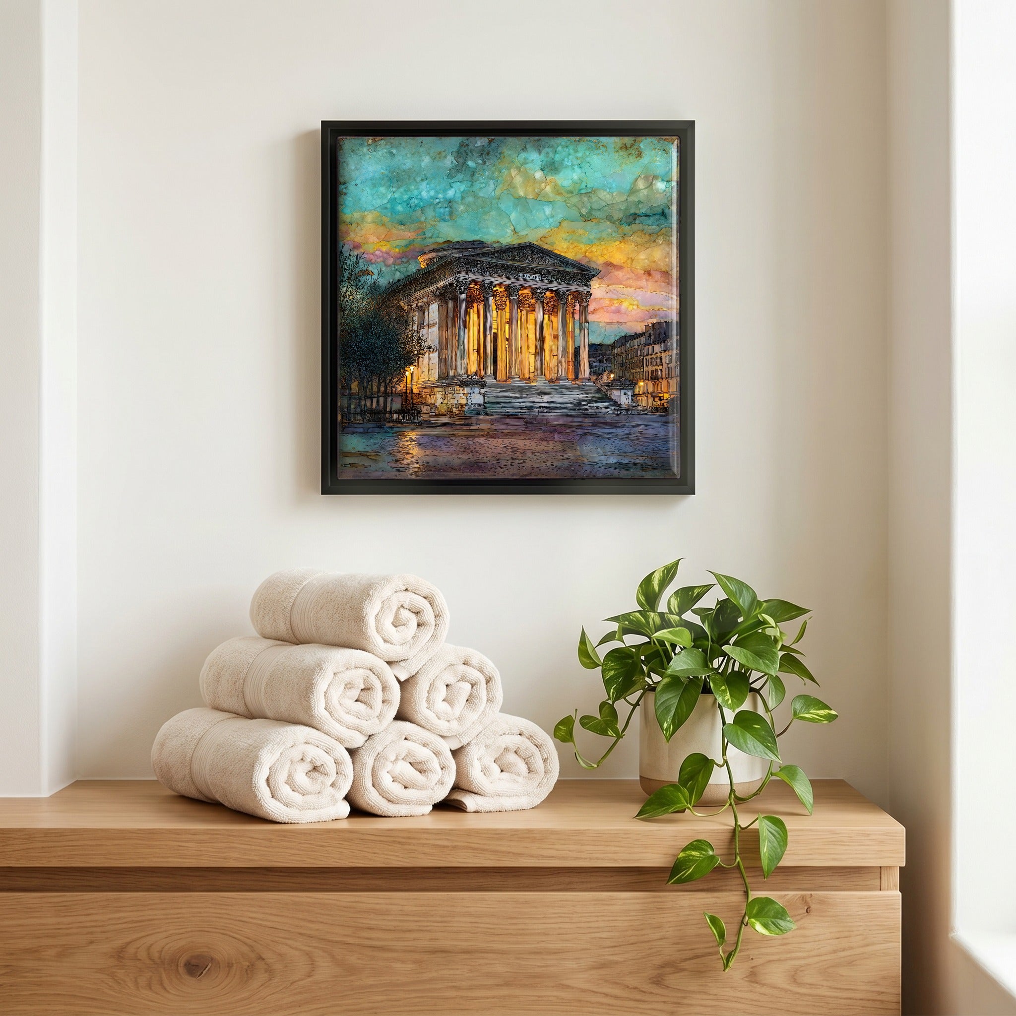 Above the linens, in a slim black surround.