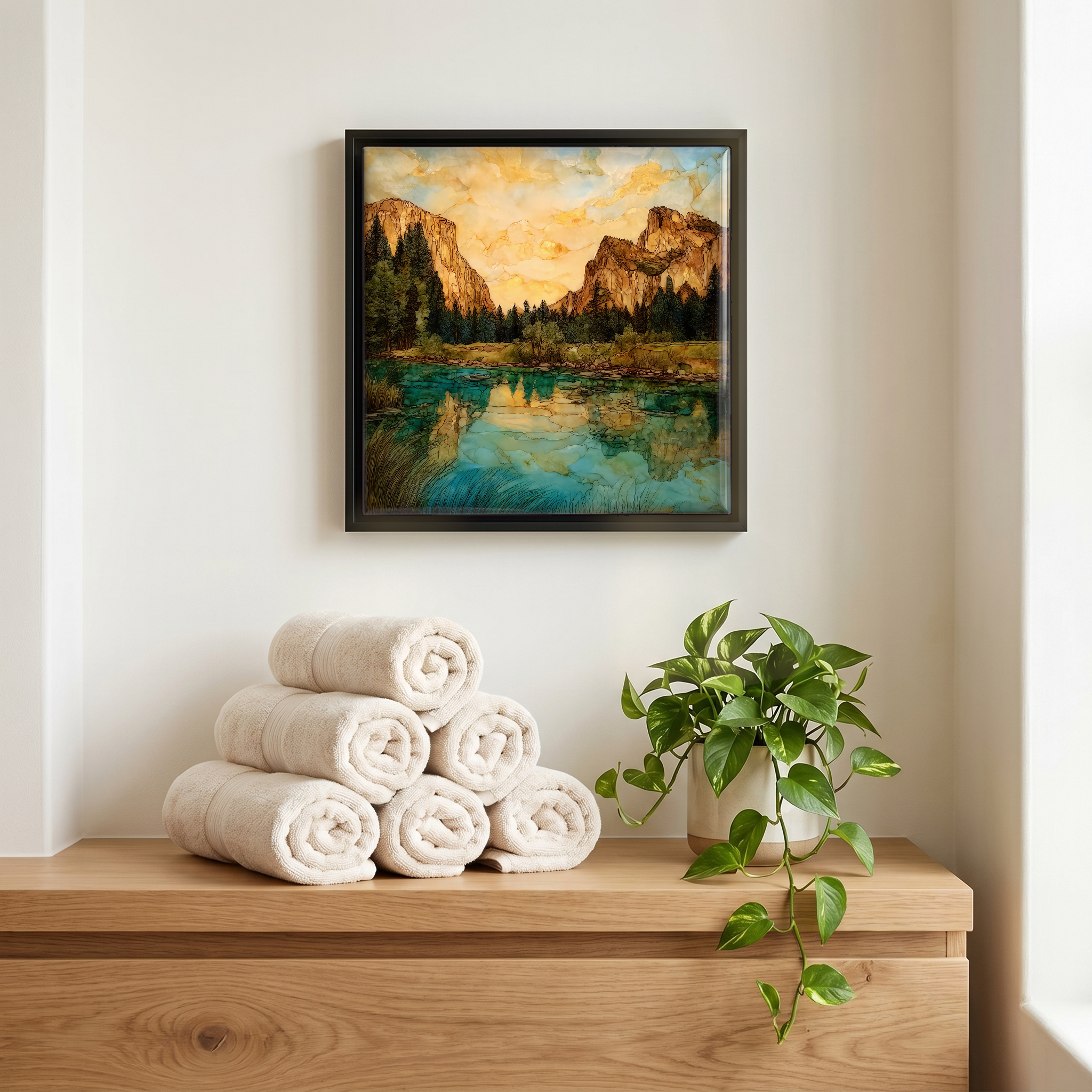 Above the linens, in a slim black surround.