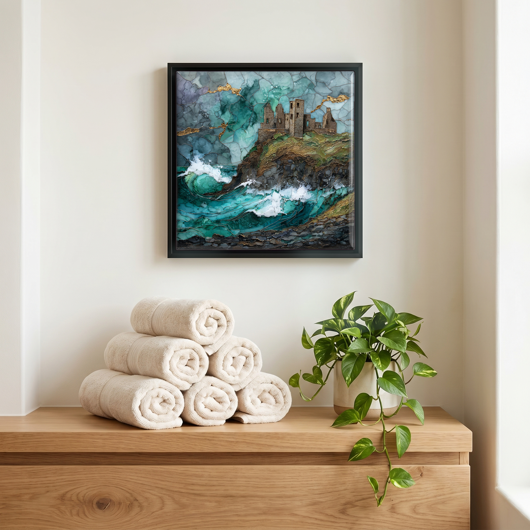 Above the linens, in a slim black surround.