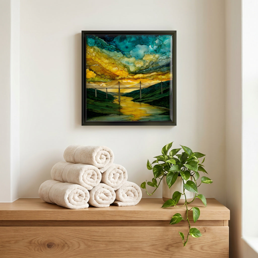 Above the linens, in a slim black surround.