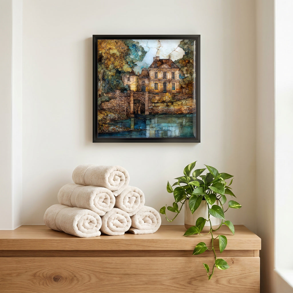 Above the linens, in a slim black surround.