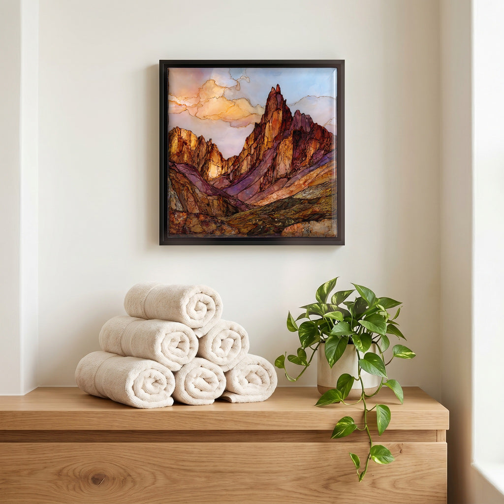 Above the linens, in a slim black surround.