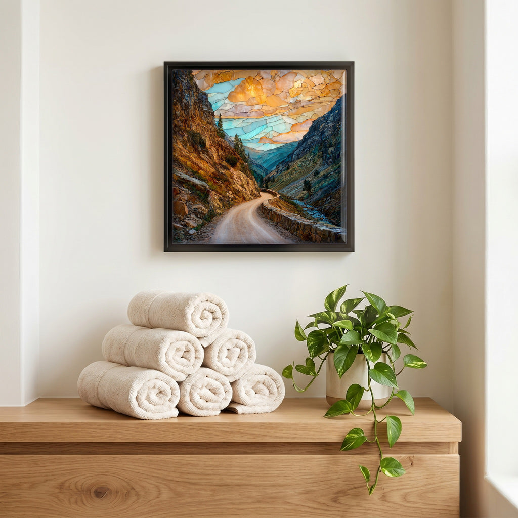 Above the linens, in a slim black surround.