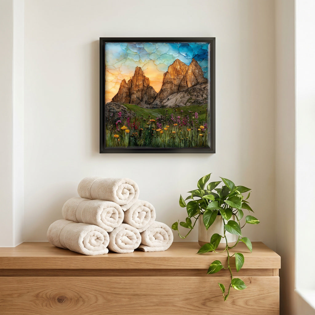 Above the linens, in a slim black surround.