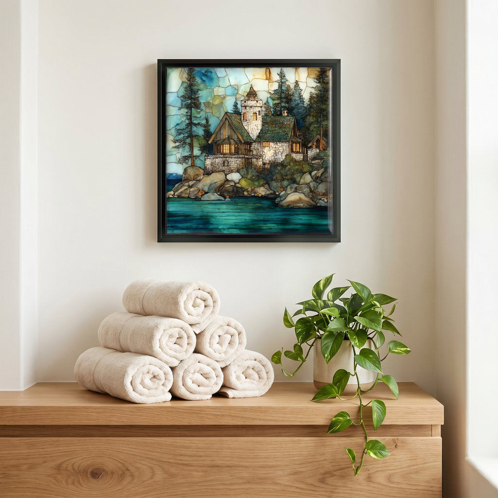 Above the linens, in a slim black surround.