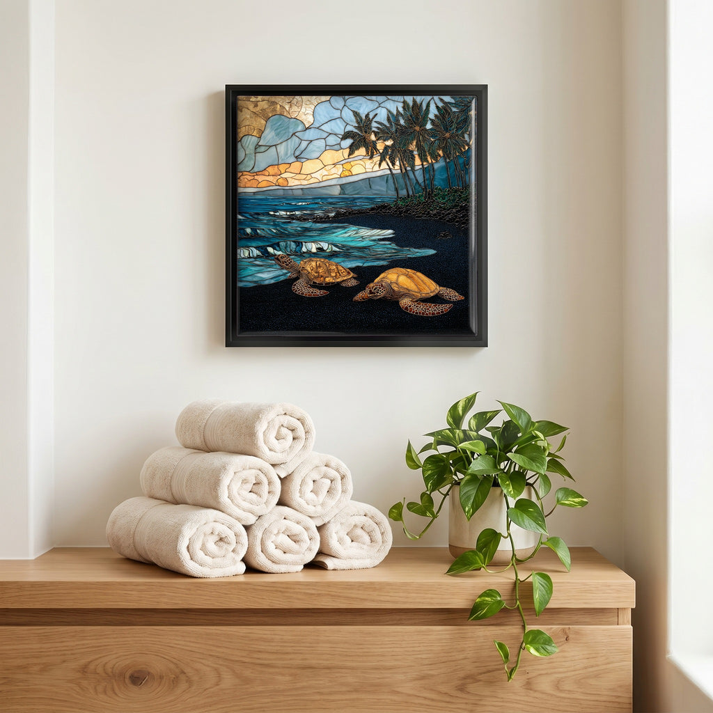Above the linens, in a slim black surround.