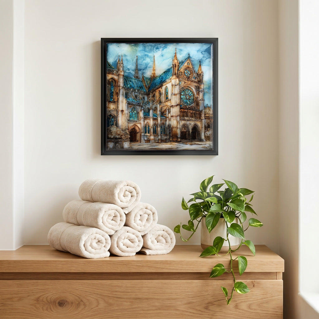 Above the linens, in a slim black surround.