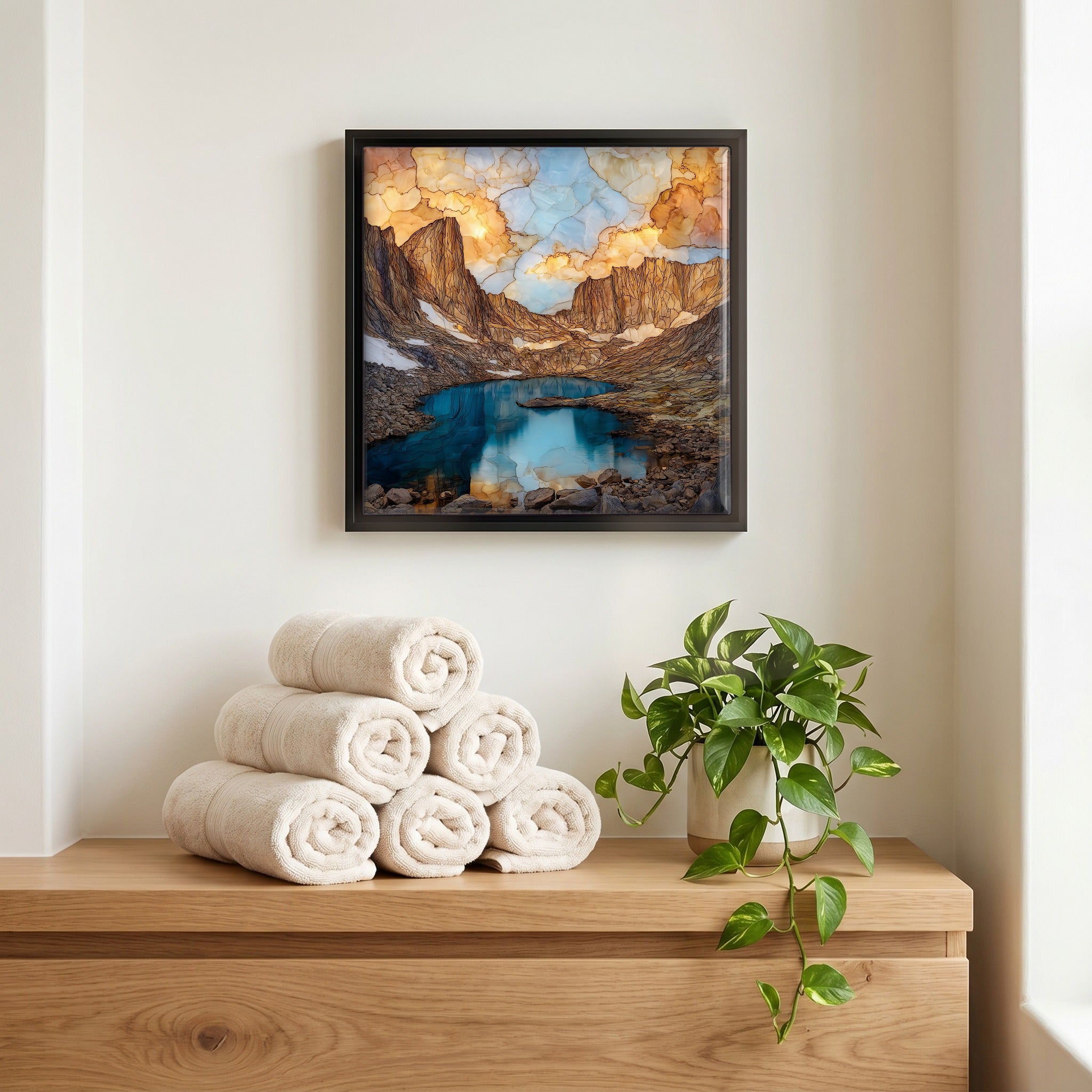 Above the linens, in a slim black surround.