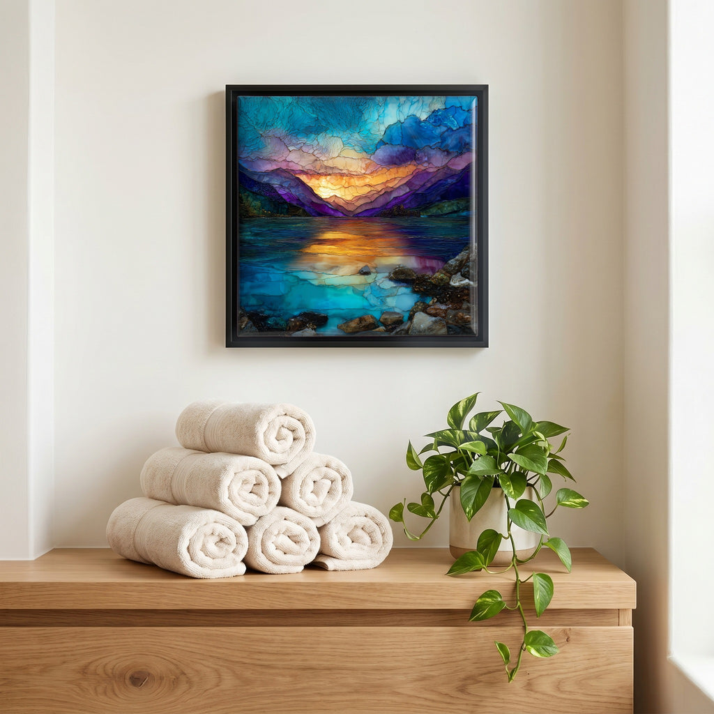 Above the linens, in a slim black surround.