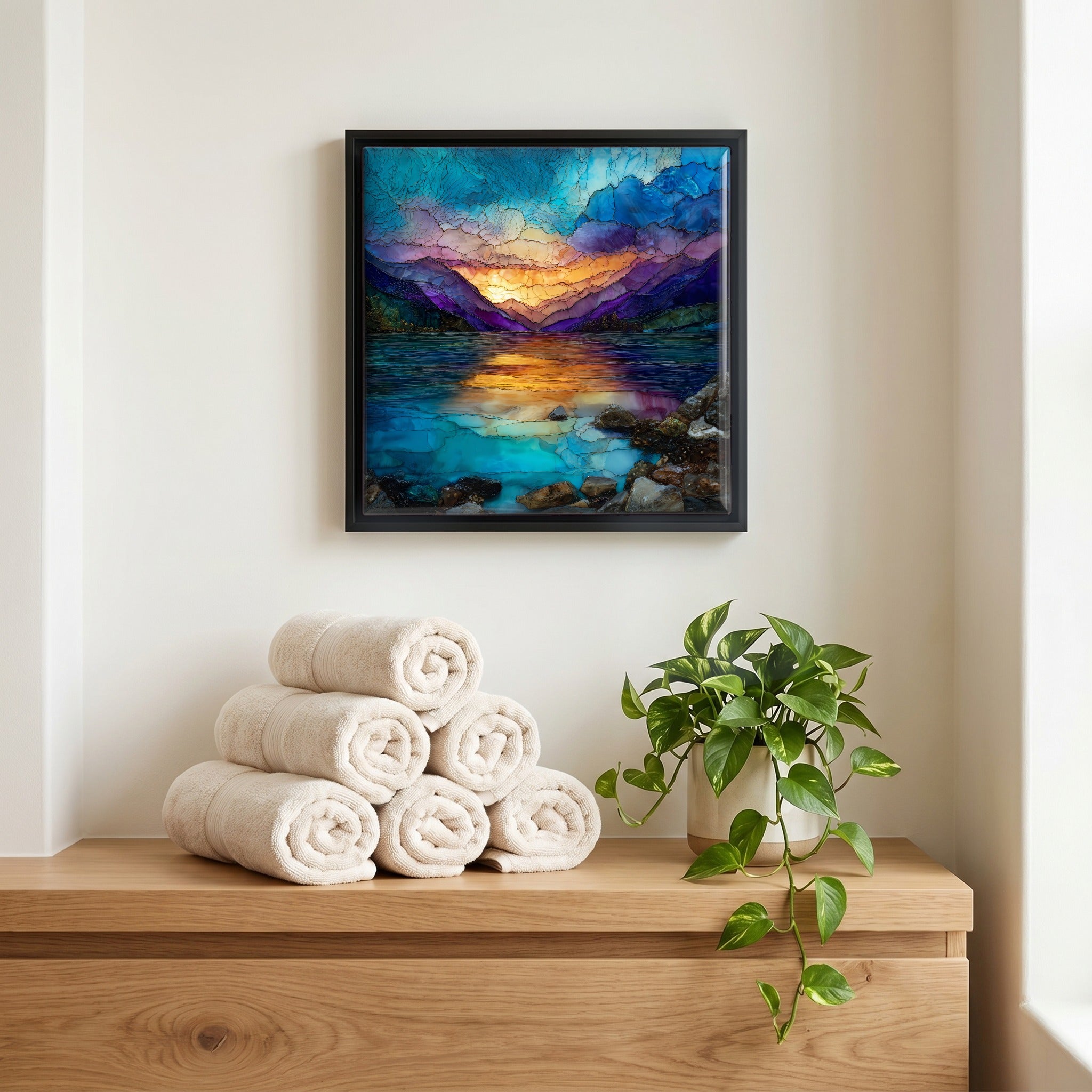 Above the linens, in a slim black surround.
