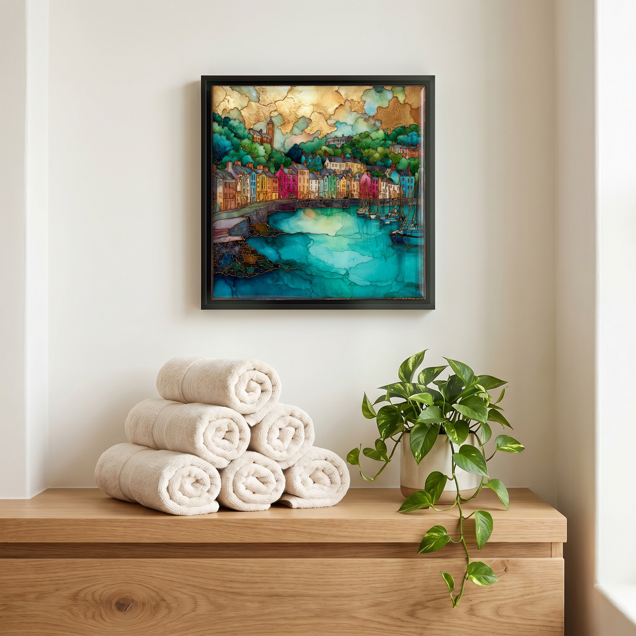 Above the linens, in a slim black surround.