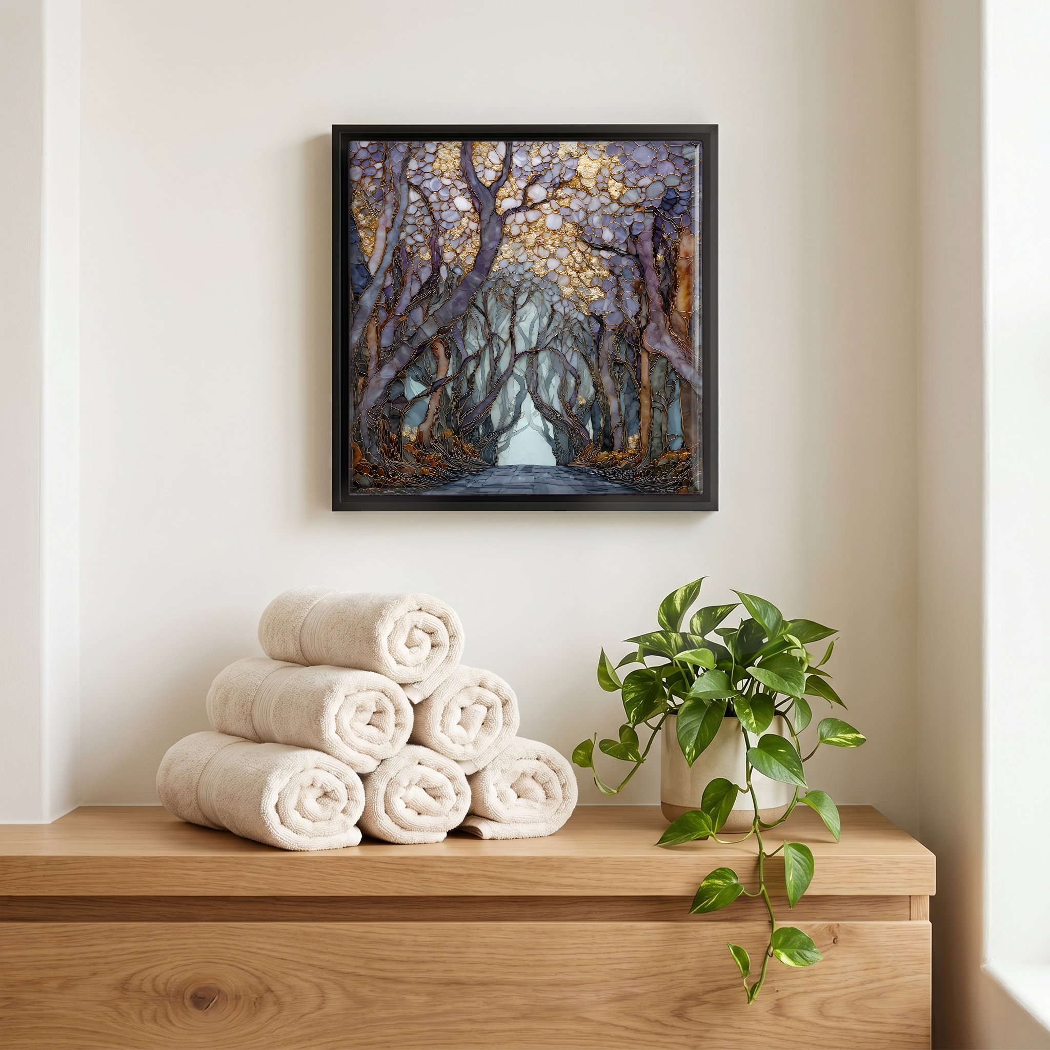 Above the linens, in a slim black surround.