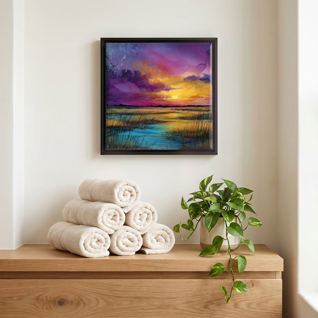 Above the linens, in a slim black surround.