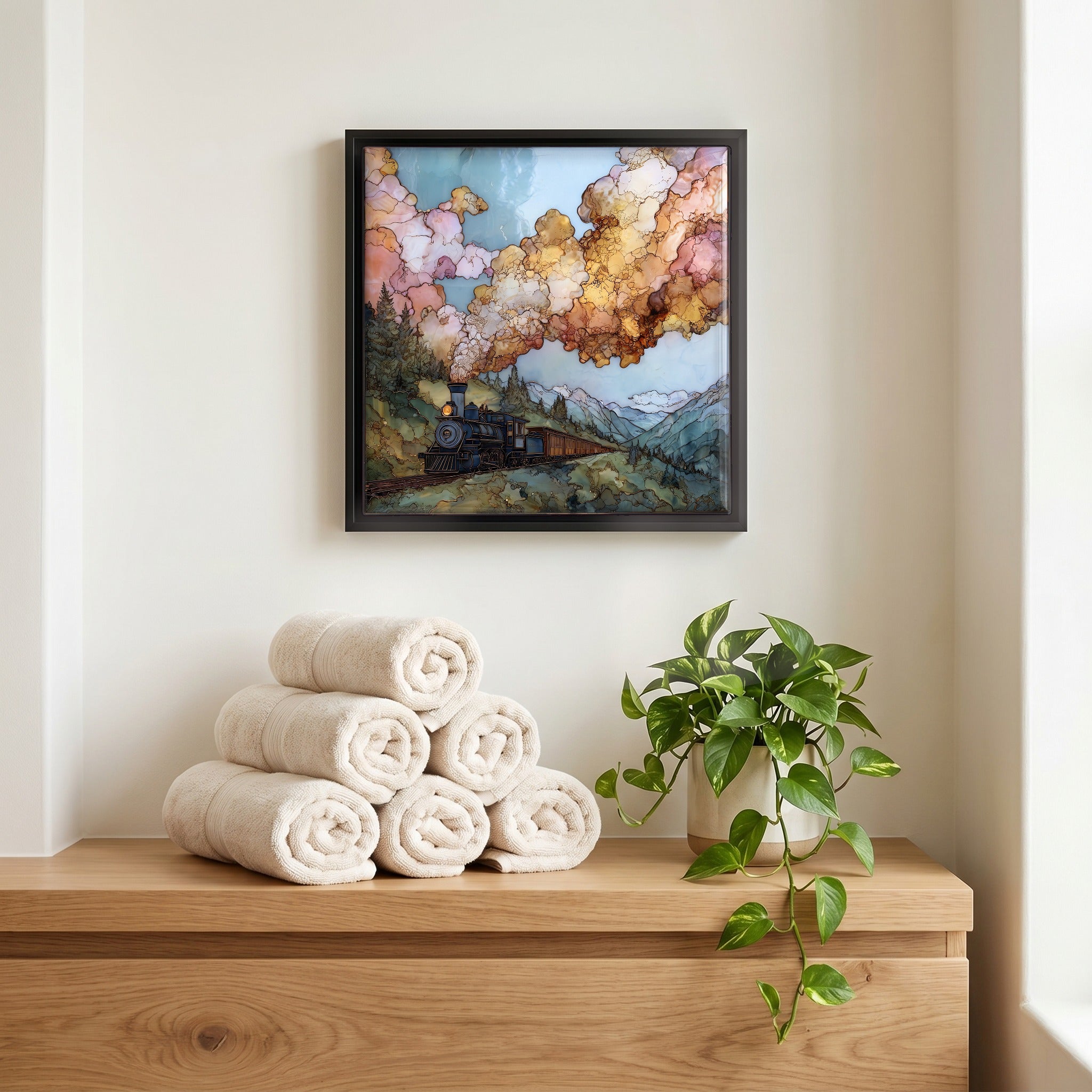 Above the linens, in a slim black surround.